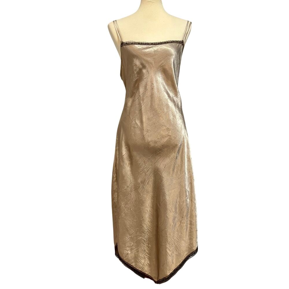 VTG Gold Champagne Satin Slip Dress Open Back Y2K Coquette Adjustable Tie Back